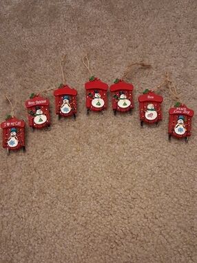 Red Snowman Sled Ornaments - Set of 8